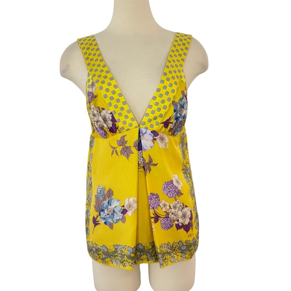 Etro Silk Floral Print Sleeveless Tank Top Blouse Pleated Yellow 46 (US12) NWT